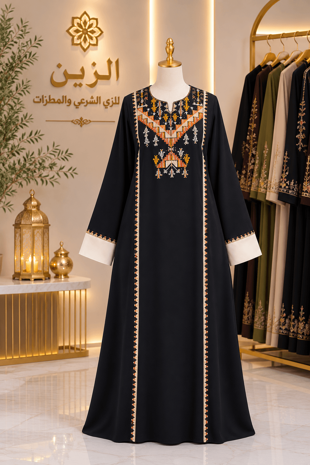 Black Palestinian Embroidered Thobe with Ivory Cuffs
