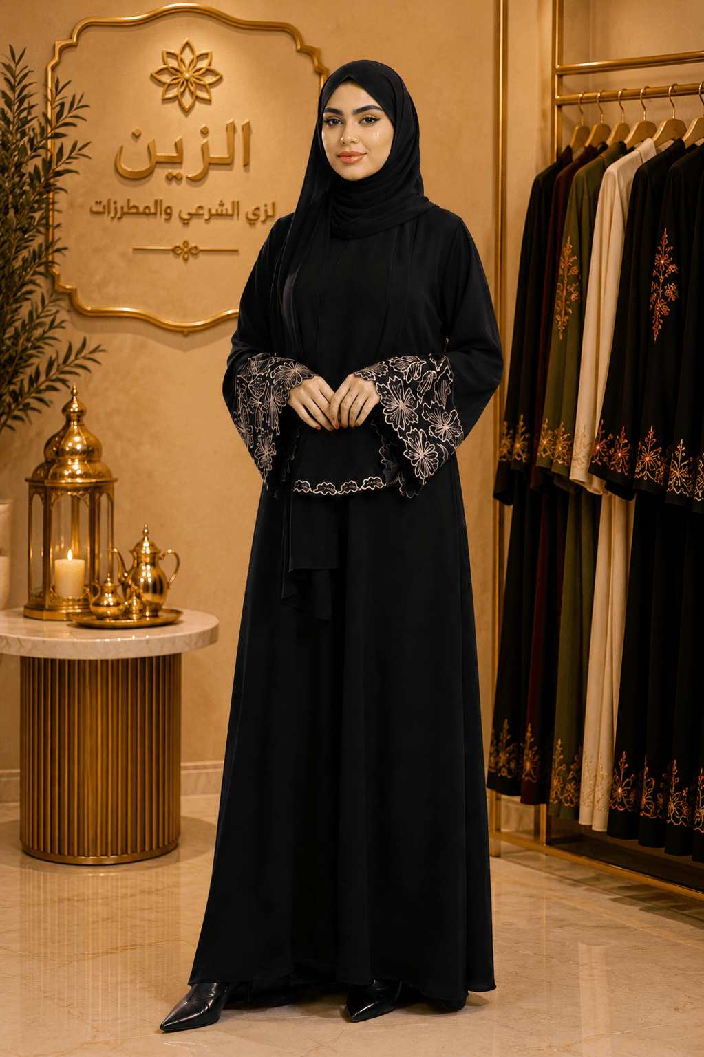 Black Modest Abaya with Floral Sleeve Embroidery