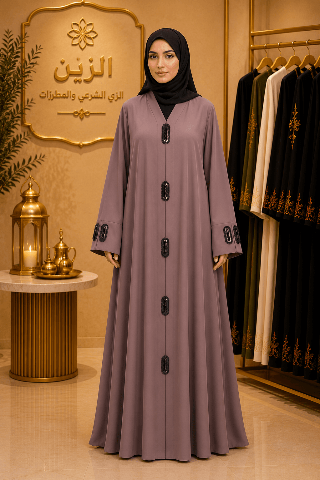 Mauve Buttoned Modest Abaya with Black Details