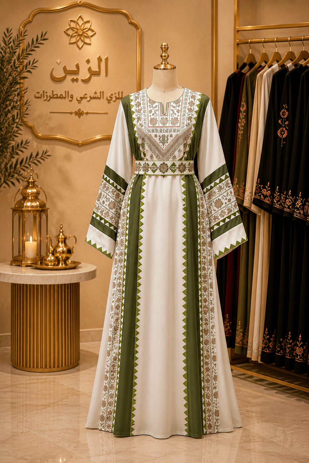 Ivory Palestinian Embroidered Thobe with Olive Green Details