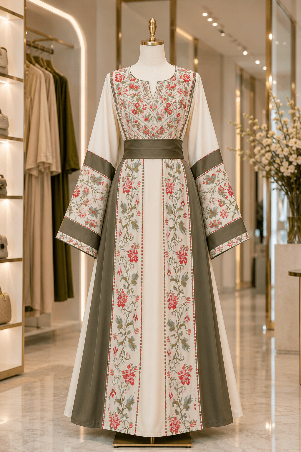 Ivory and Olive Palestinian Embroidered Thobe with Waist Belt