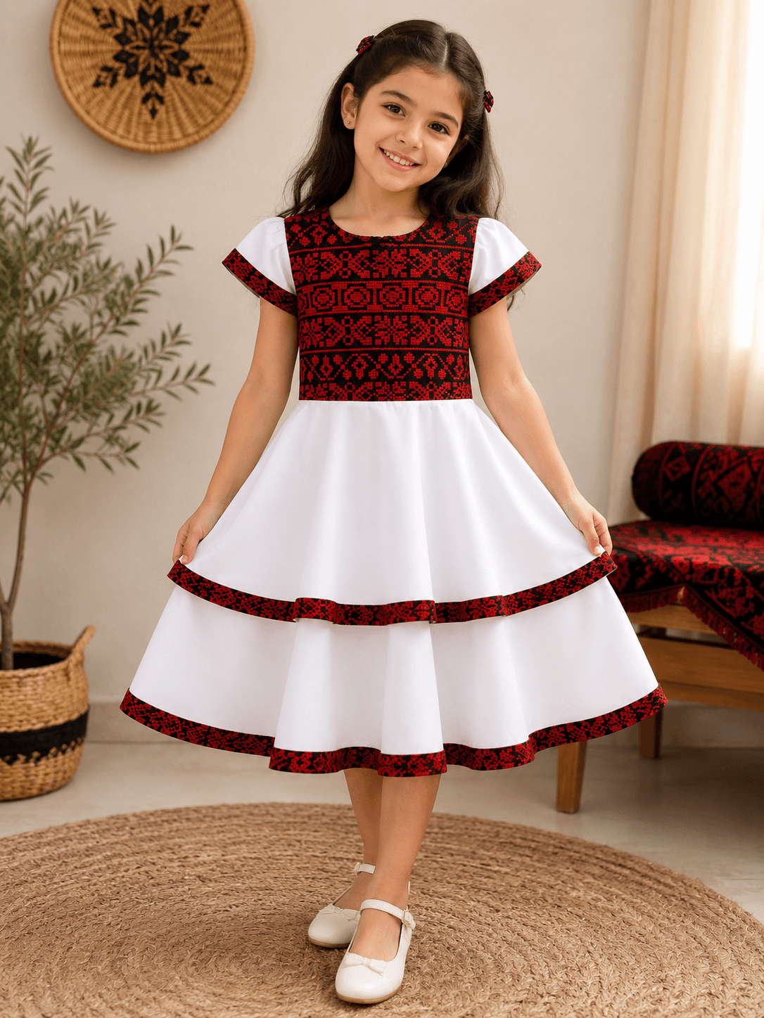 Girls White Heritage Dress with Red Embroidery