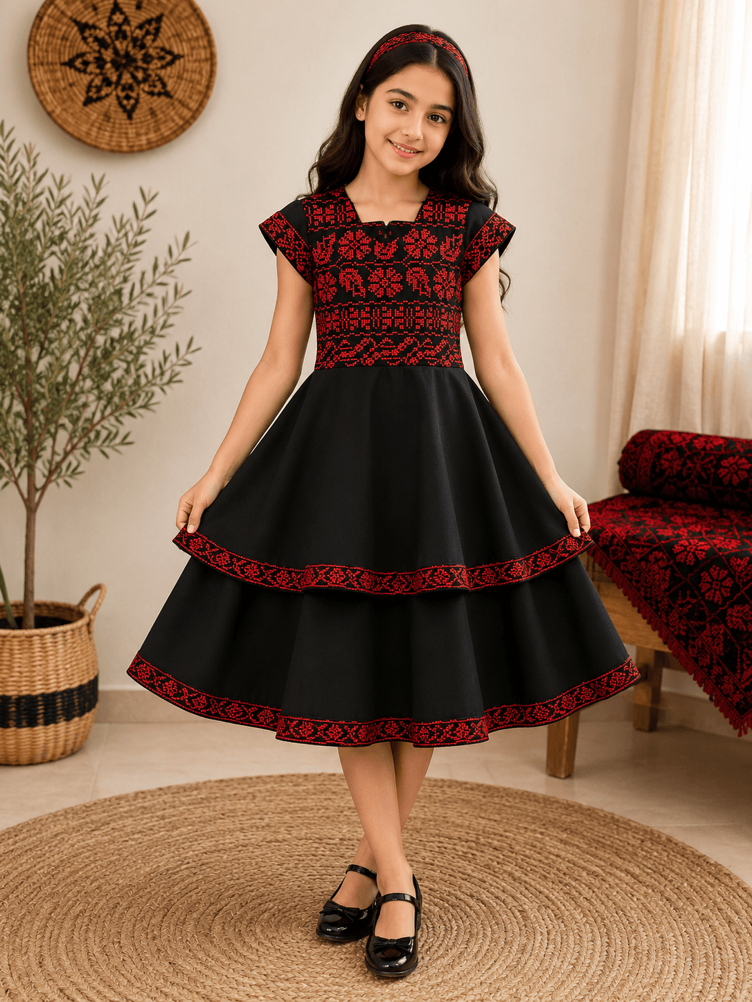 Girls Black Heritage Dress with Red Embroidery