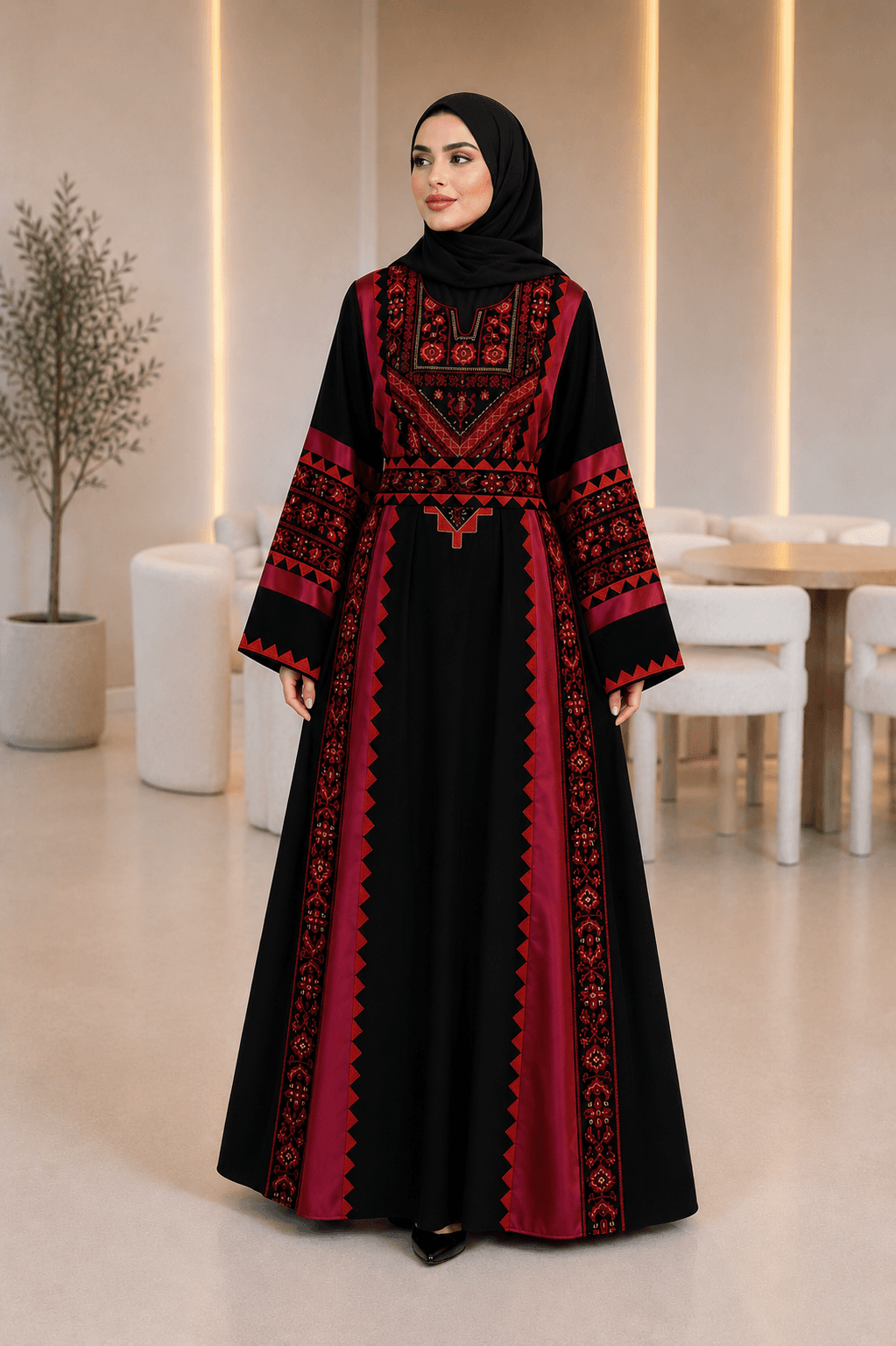 Black and Burgundy Palestinian Embroidered Thobe